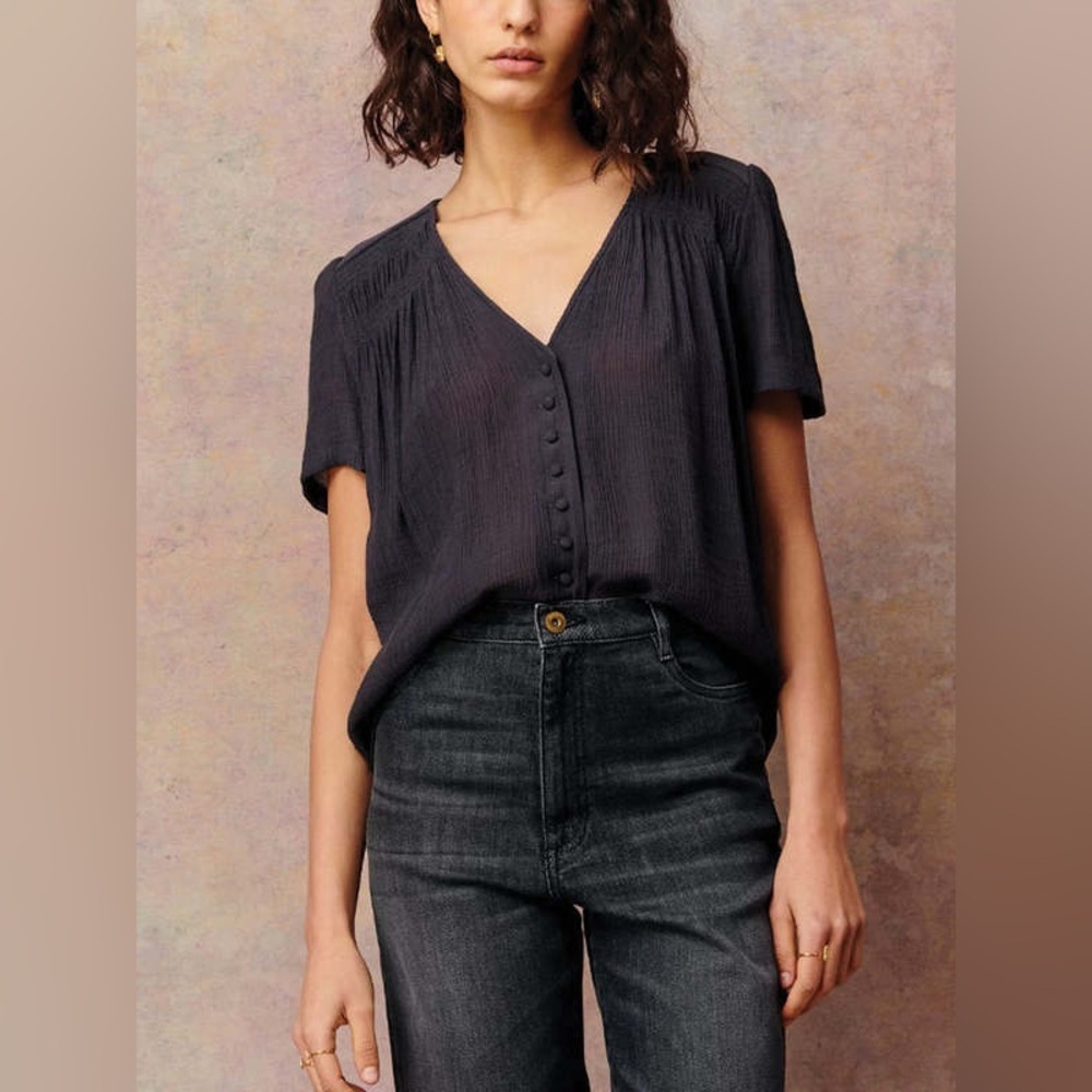 Sessun Siama Moonless Black Crinkle Crepe Short Sleeve Blouse/Top Size Large
